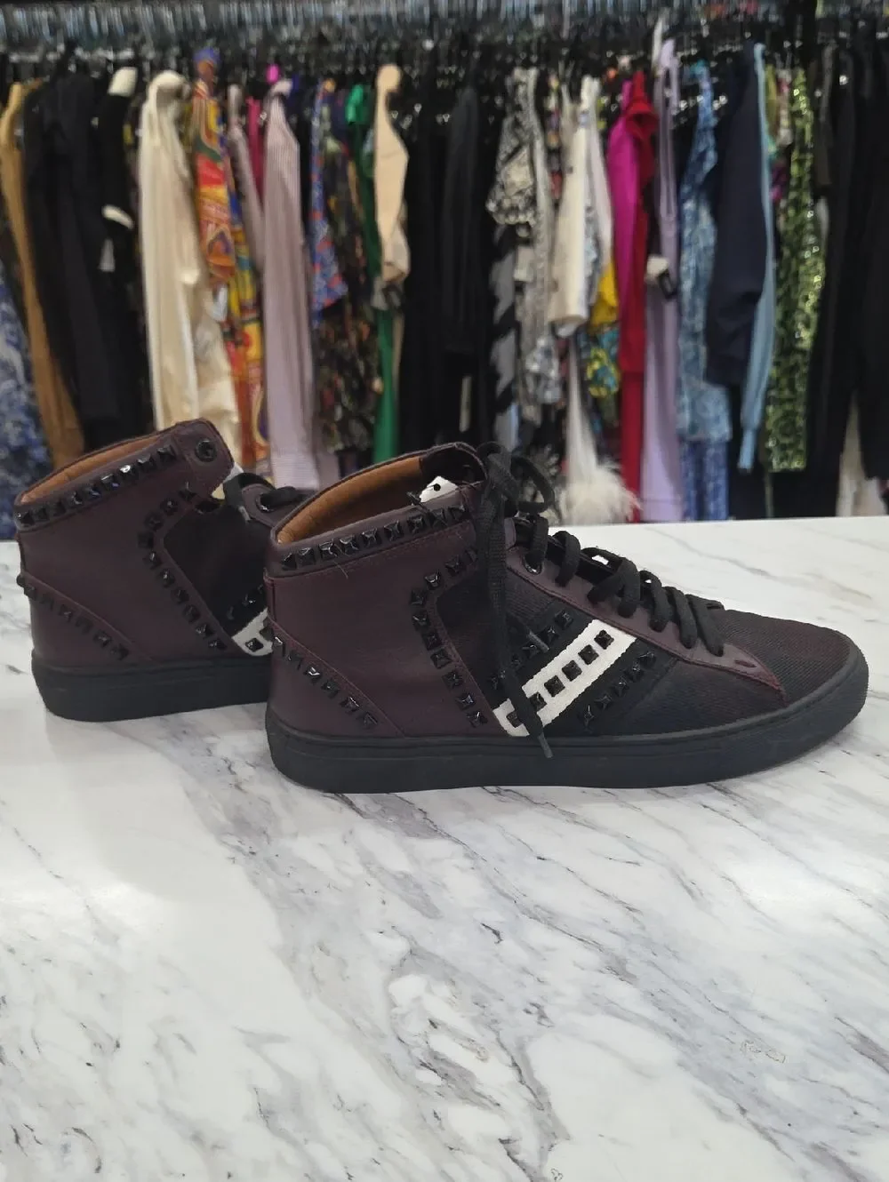 Bally Men's High-Top Studded Sneakers - Black and Burgundy